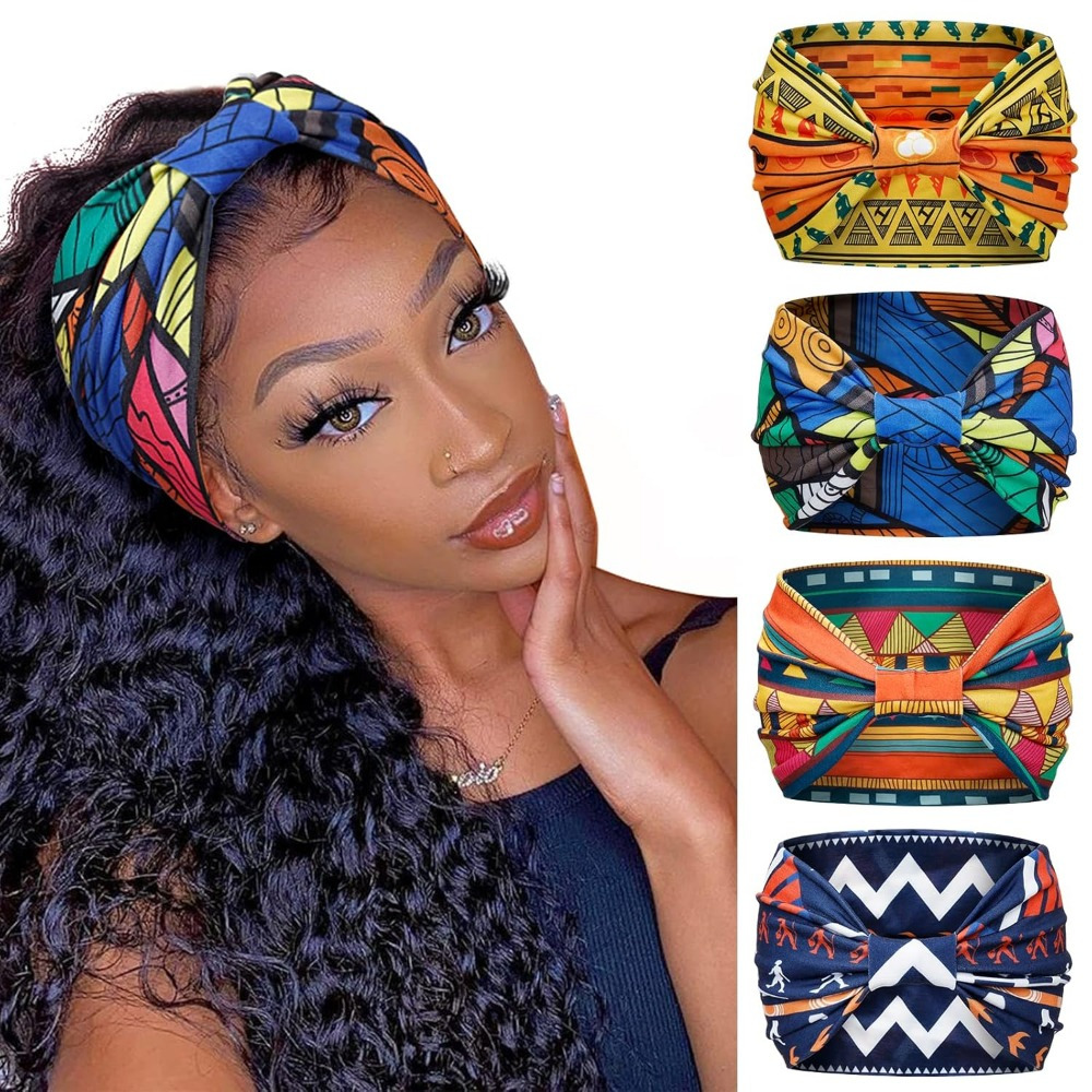TEMU 4pcs Polyester Wide Headbands For Women, Bohemian Sports, African , Non-slip Yoga Headband For Normal Hair