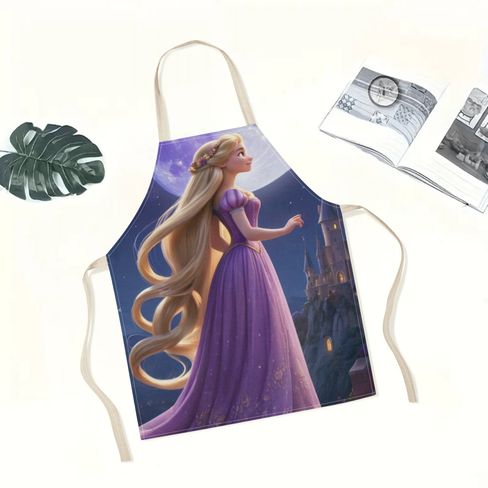   style| disney  -themed waterproof apron |   & elegant purple design with castle & moon illustration |   polyester,   fits all | ideal for hotels, supermarkets, restaurants, fruit shops, milk tea stands, and home use details 0