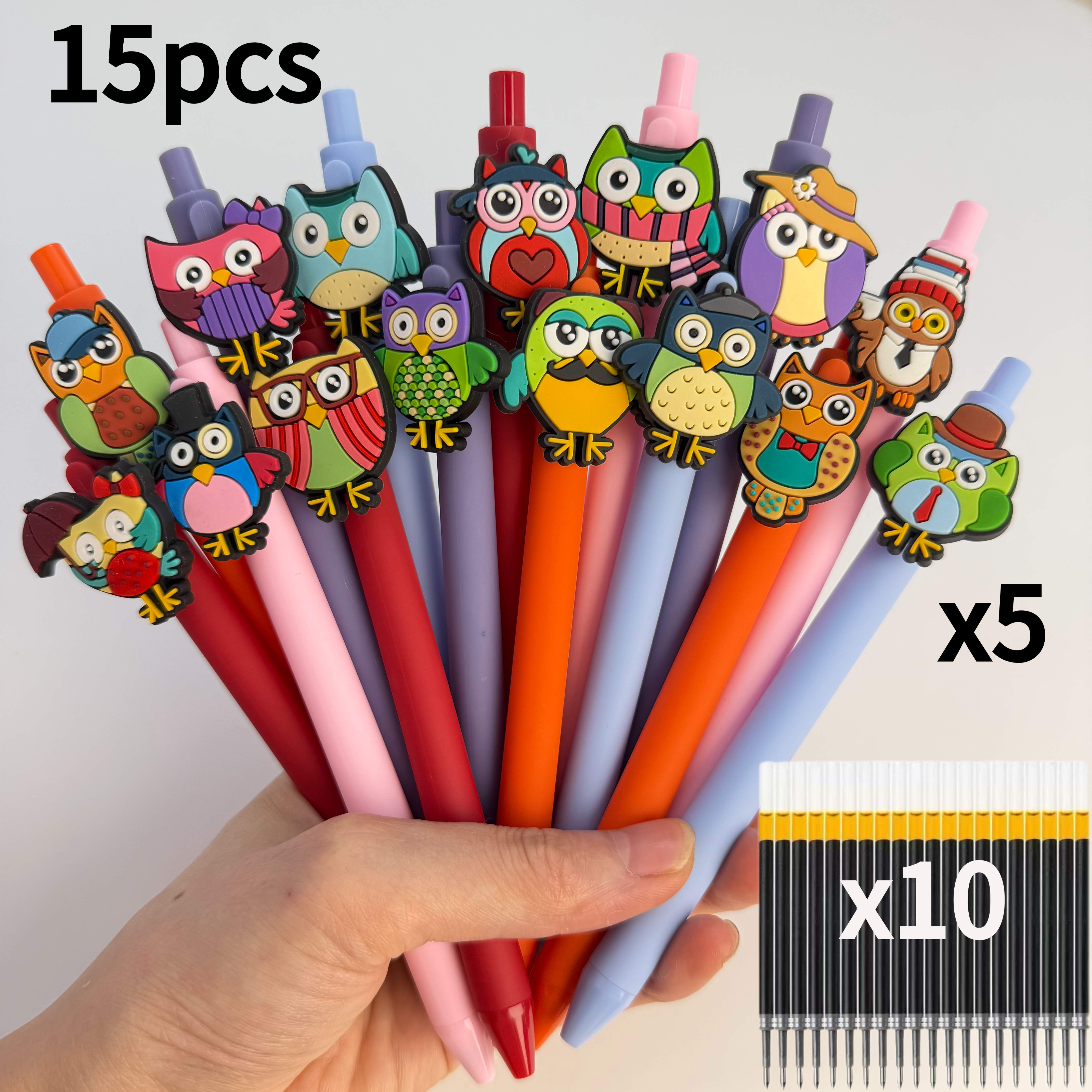 TEMU 15pcs Creative Cartoon Owl Themed Neutral Pen Set (5pcs Pens And 10pcs Refills), Random Colors, Suitable For School Study, Office Writing,