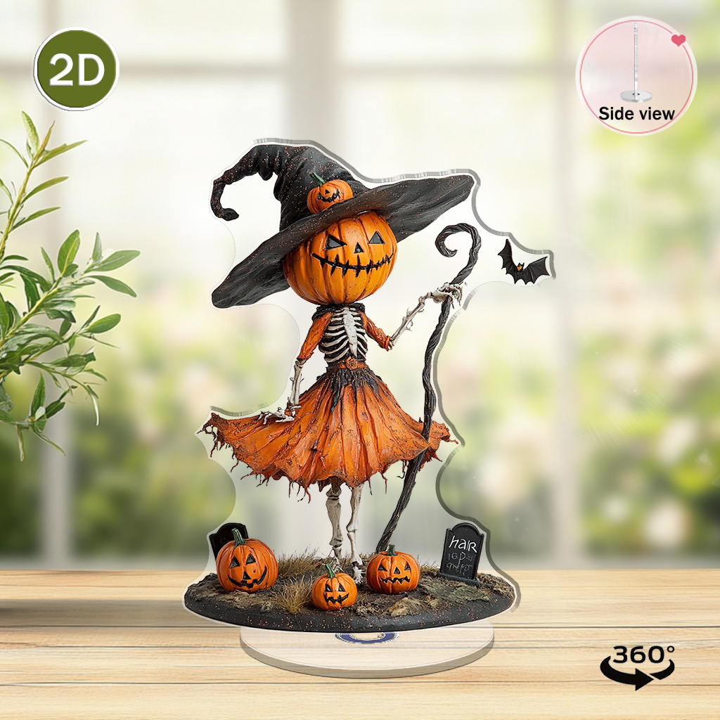 TEMU 2d Flat - [2d Flat] A Single Piece Of 2d Flat Rotating Acrylic Decoration Showcasing A Pumpkin-headed Witch, Perfect For Halloween-themed Decor