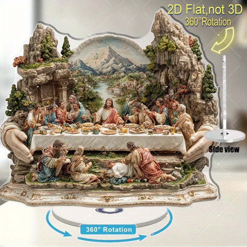 TEMU 2d Flat, Rotating Last Supper Statue - 360° Spinning Tabletop Sculpture With Bohemian & Disciples Figure, Religious Decor Suitable For Church