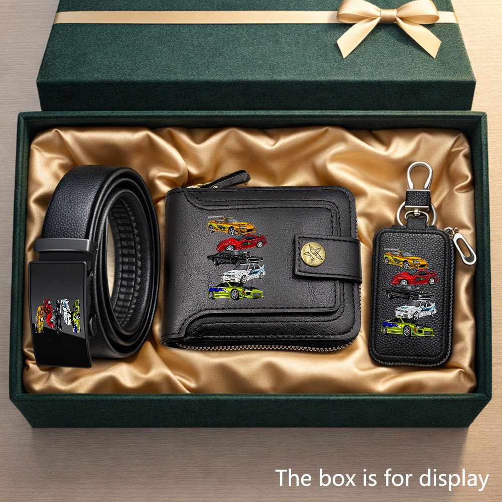 TEMU 3pcs Classic Modified Sports Car Display Printed Men's Wallet Set Daily Accessory Kit Classic Vintage Wallet Multi-card Slots Large Bill