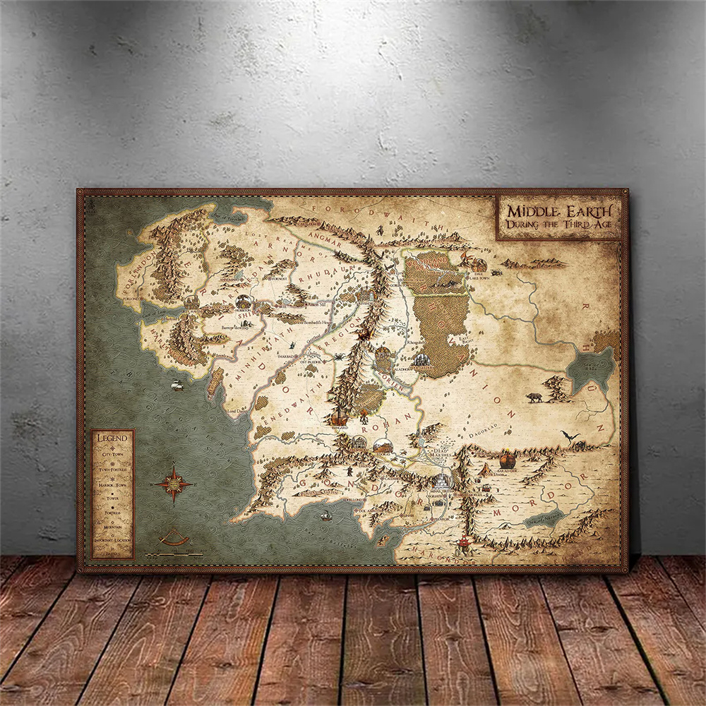 TEMU Piatto 2D, 1 Pezzo Mappa della Piatto 2D Senza Cornice Poster e Stampa dello Hobbit degli Anelli Quadri su Tela da Parete Vintage Regalo per Fan