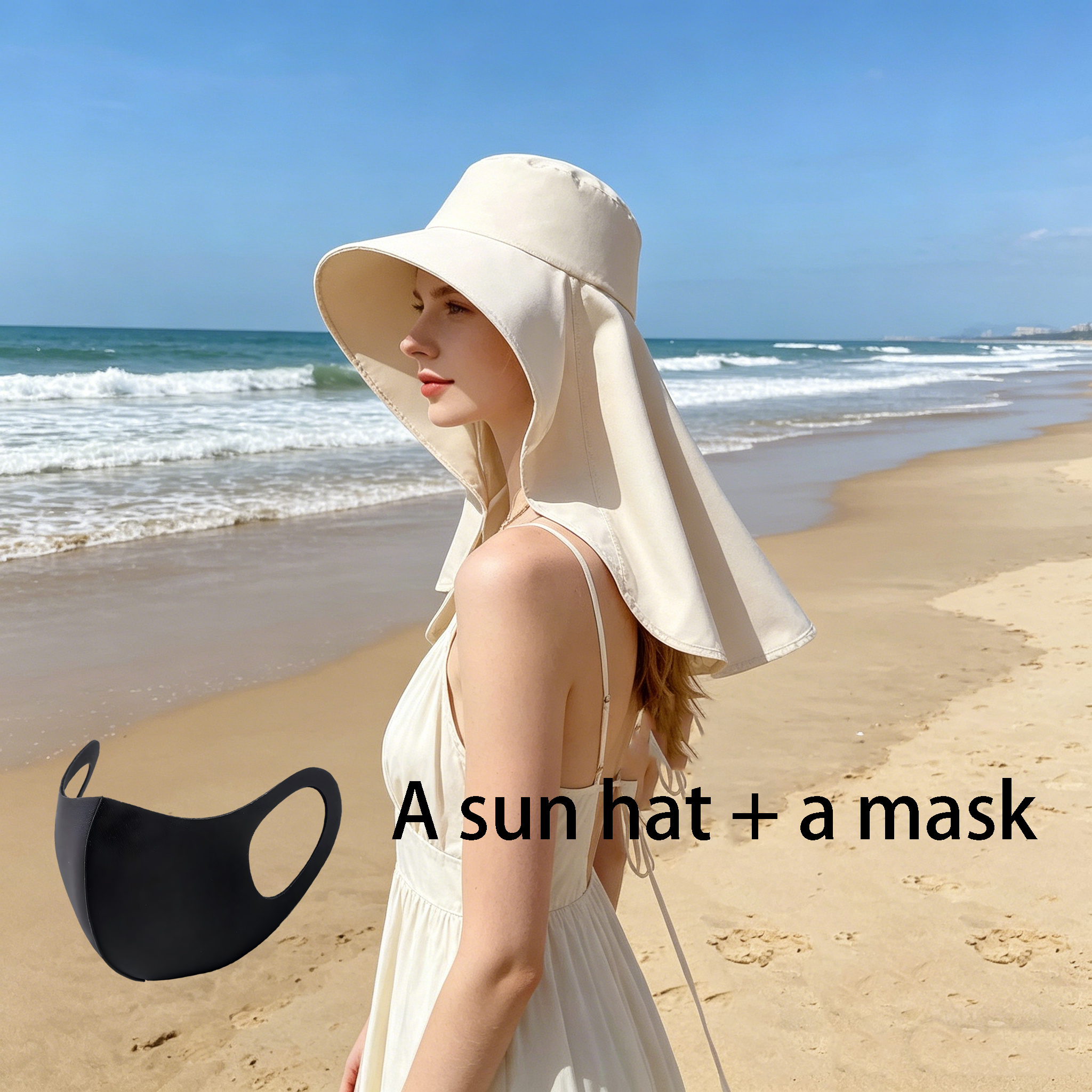 TEMU 2pcs, 1pc Scarf Hat And 1pc Mask, Women's Large Brim Sunshade Fisherman Hat Cooling Full Face Hat
