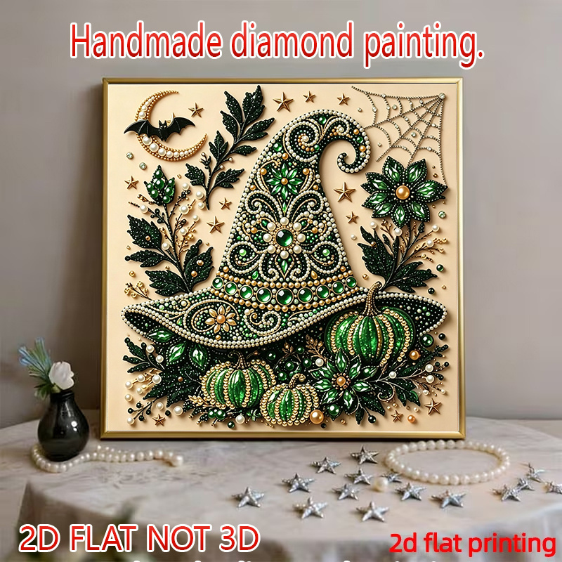 TEMU (2d Flat) Halloween Themed Dark Hat Pumpkin Diamond Painting Kit Full Set Diy Supply Flat Printed Canvas Included Round Pearls Rhinestones