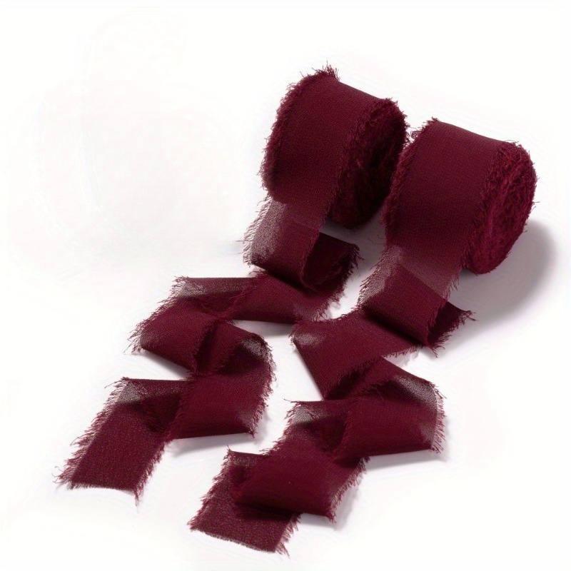 Image of Burgundy Ribbon 1.1 Inch X 2 Rolls Total 17.5 Yards Handmade Fringe Chiffon Ribbon For Wrapping Wedding Invitations Bridal Bouquets Crafts Home Decor Christmas