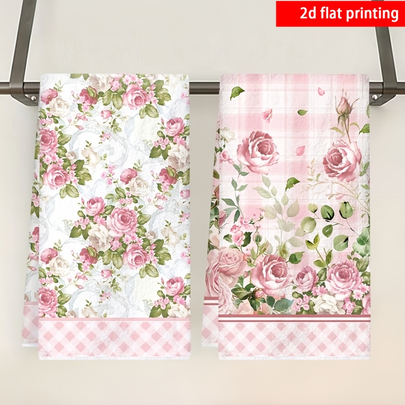 TEMU Impression 2D à plat, 2 pièces, torchons de cuisine à motif floral de roses, en , imprimés avec des à rose et blanc et des roses, serviettes de