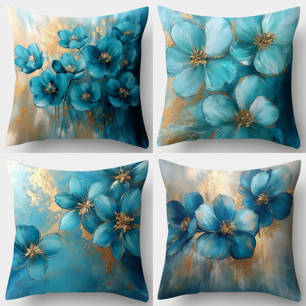 TEMU A 4pcs Set Of Pillowcases Featuring A Watercolor Design With Blue Flowers, Measuring 17.7 Inches By 17.7 Inches. Single-sided Printed Cases Are