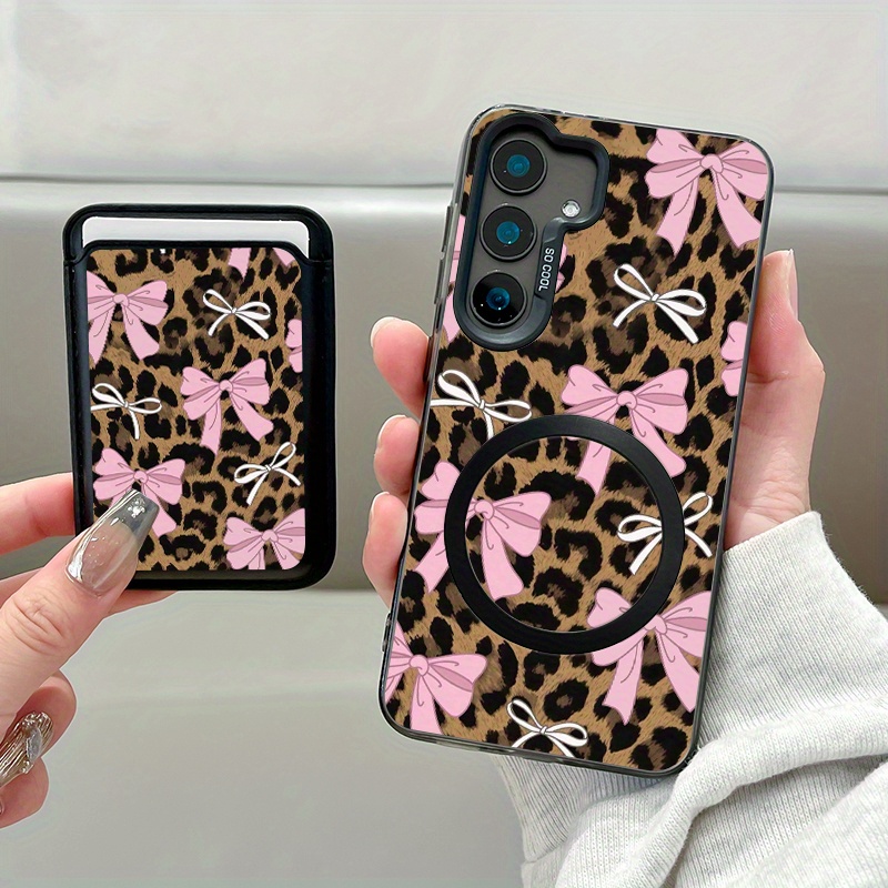 TEMU Phone Case - 2pcs Set New Creative Pink Bowknot Pattern Magnetic Phone Case And Fashionable Luxury Artificial Leather Magnetic Property