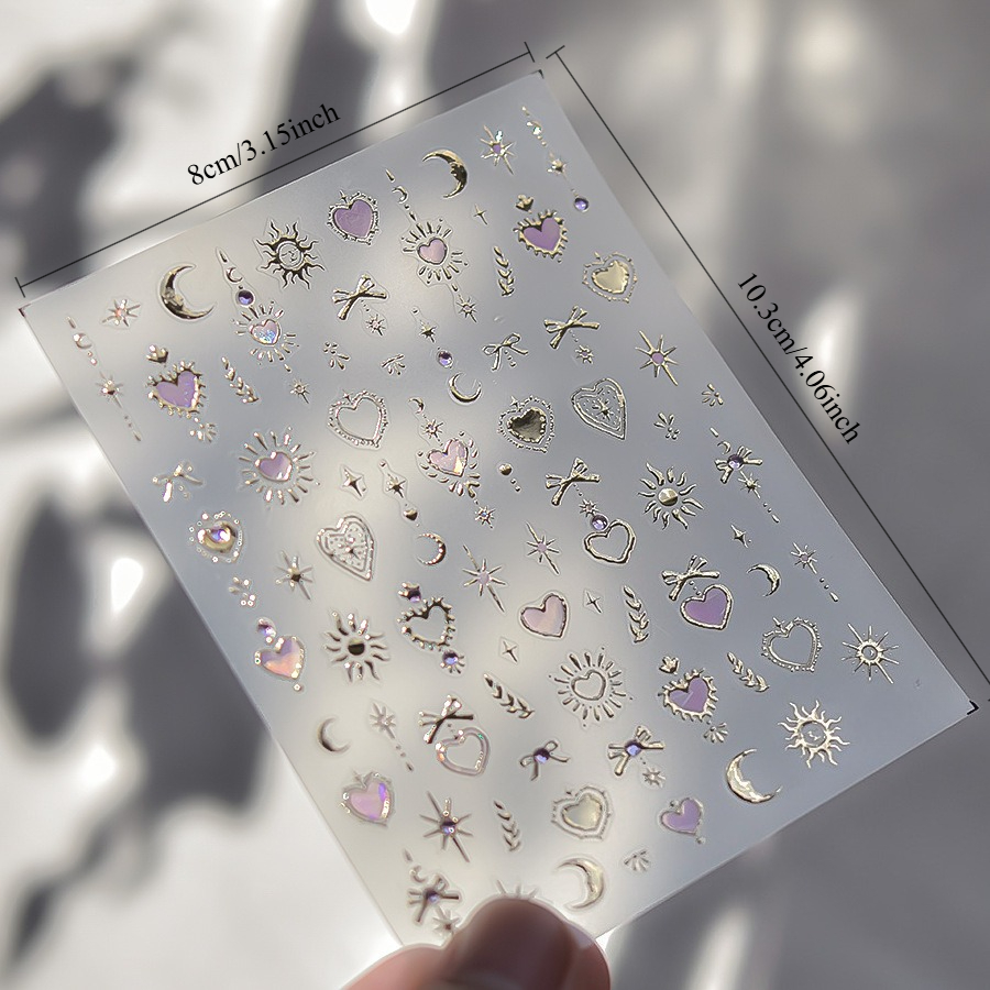 Image of 1pc Sticker, Pink, Popular Style, Heart, , Star And Moon, Valentine's Day Nail Stickers, Self-adhesive, Gift Supplies, Suitable For Ladies And