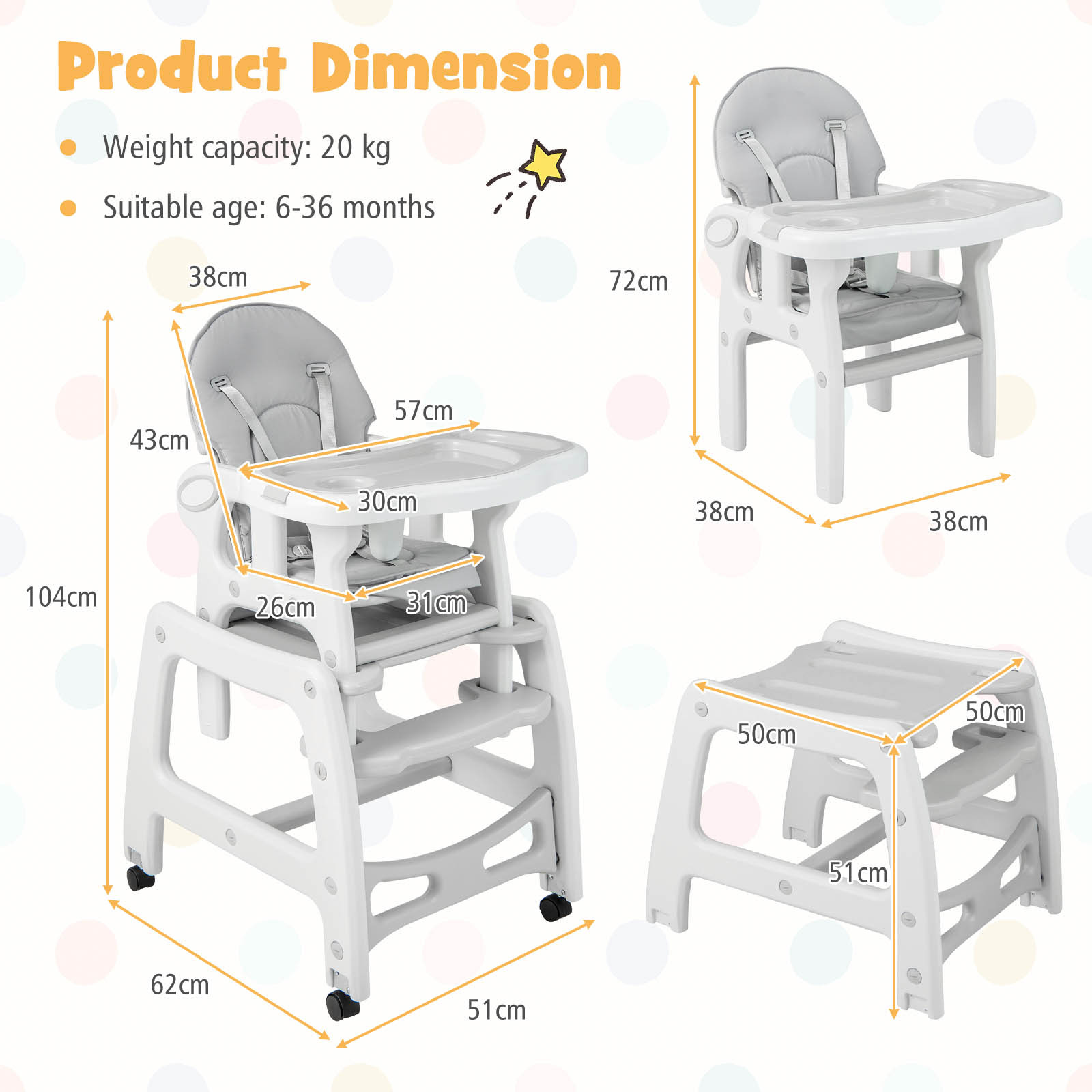 LIFEZEAL 3-in-1 Convertible Feeding Rocking Chair High Chair Table Set, Heavy-Duty 300lb Capacity with Booster Seat & Removable Tray, Adjustable Height, 5-Point Harness, Foldable Design, 360° Swivel, Safety Lock & Non-Slip Base, BPA-Free - Image 8