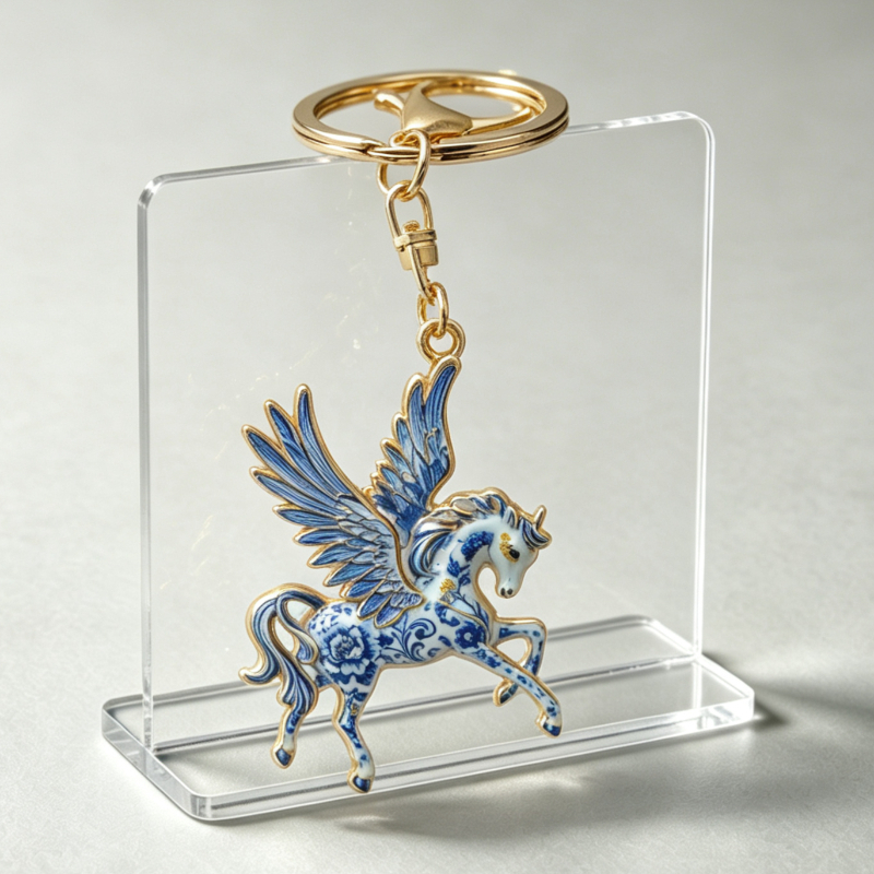 TEMU Porte-clés à motif de porcelaine bleue et blanche, cheval ailé, breloque pour sac à dos, accessoire de mode, pendentif, cadeau, décoration de