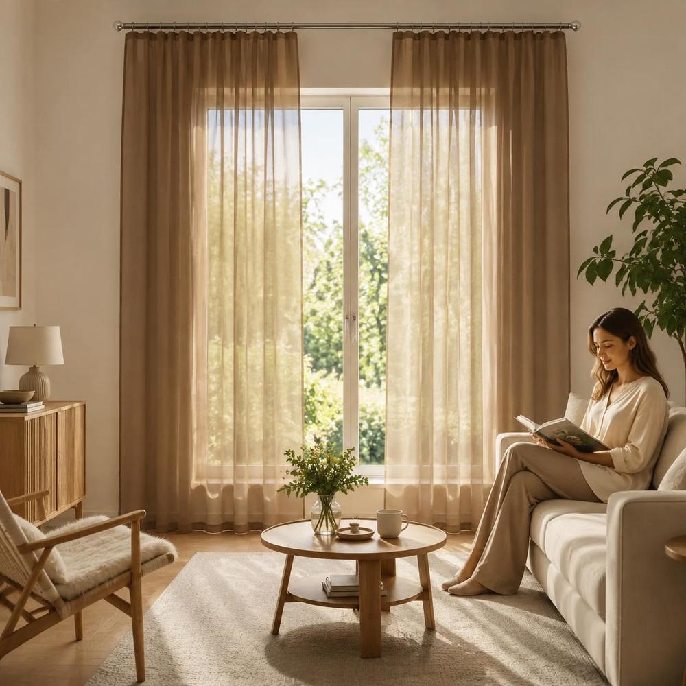 Image of 2-pack Sheer Curtains With Rod Pocket, 100% Semi-transparent Window Drapes, Lightweight Privacy Shade For Living Room Bedroom, Light Brown
