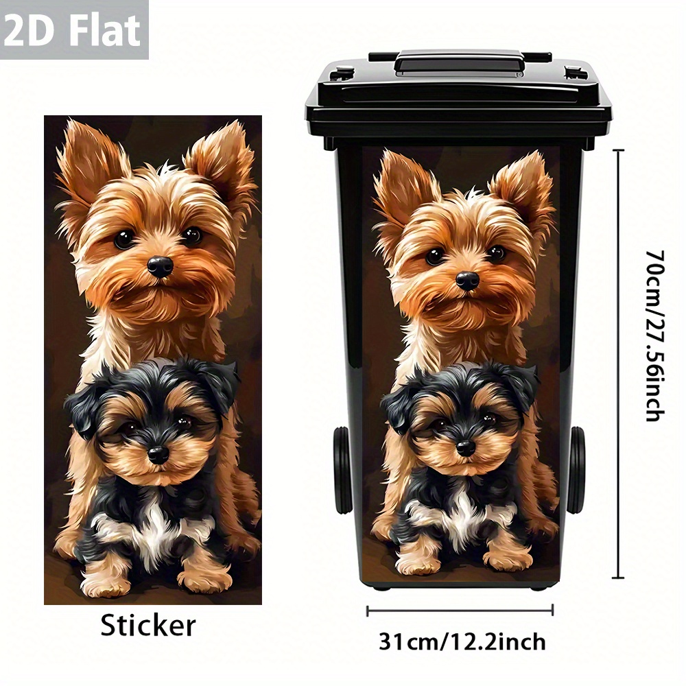 Image of 1pc 2d Flat Sweet And Yorkshire Puppies Trash Can Sticker – Waterproof, Cuddly And Adorable Puppy-themed Bin Decoration For Pet Lovers – Size 12.2 X 27.56 Inches, 2d Flat