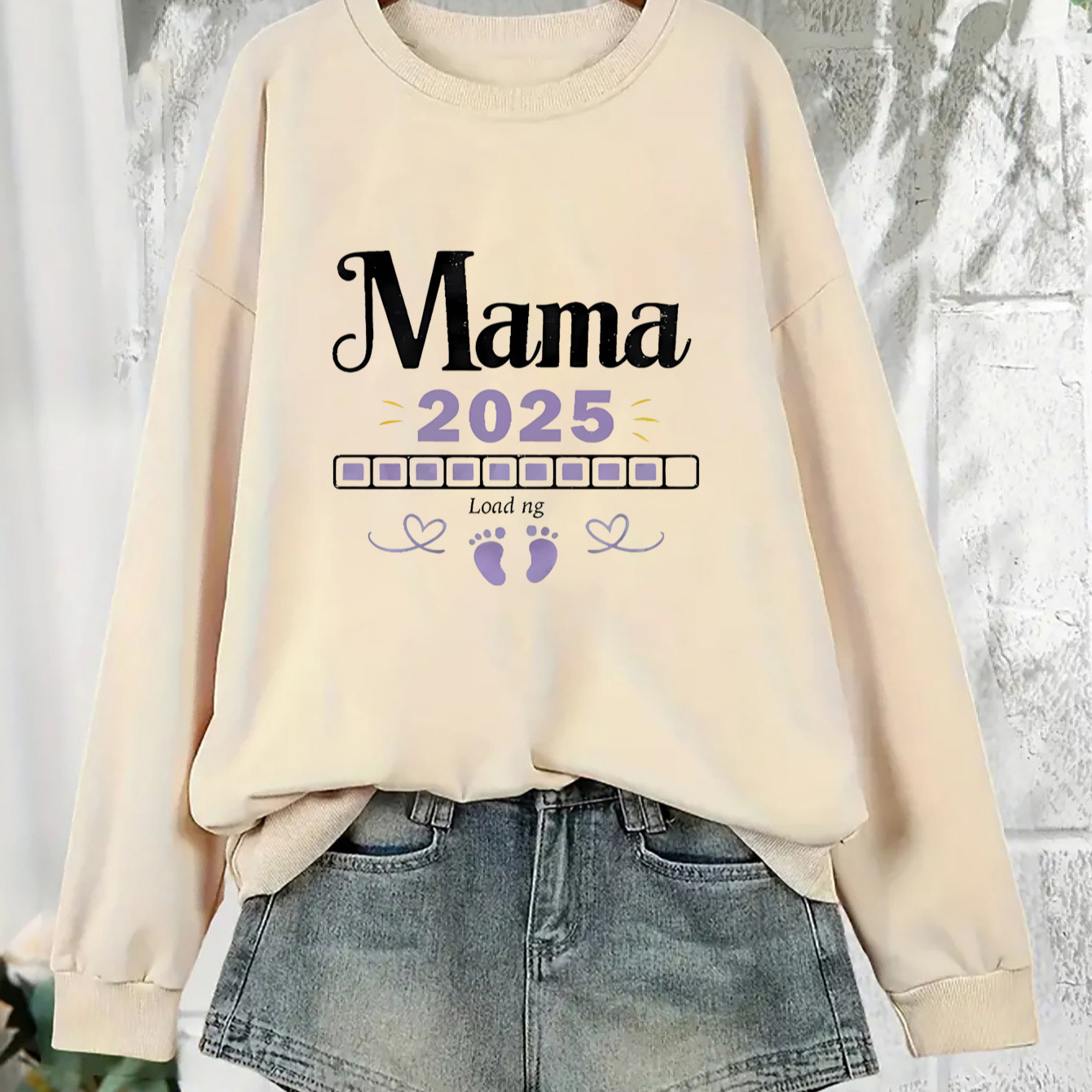 

1pc Mama 2025 Sweat-shirt à imprimé pour femme, style décontracté, pull à manches longues, tissu en polyester tricoté, col rond, extensible, haut de maternité tendance pour adultes