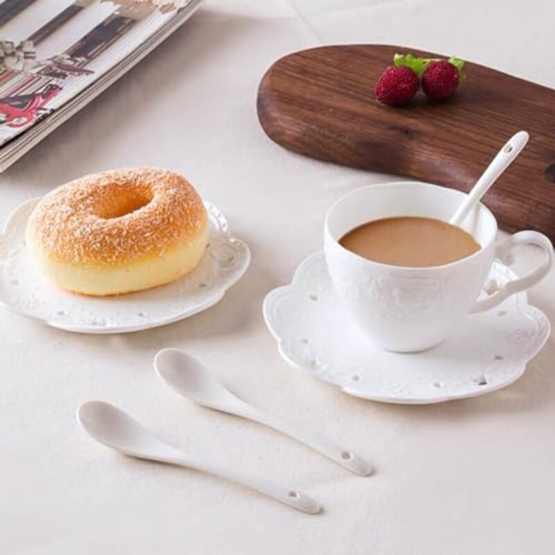elegant white bone china ceramic cup and saucer set with floral embossing   coffee or tea ideal for home kitchen or breakfast use coffee bar accessories Product details 3