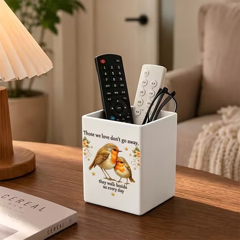 TEMU 1pc Compact Square Pen Holder & Storage Box With Robin Bird Print And Memorial Message - Floral Desk Organizer Suitable For Bathroom, Kitchen,