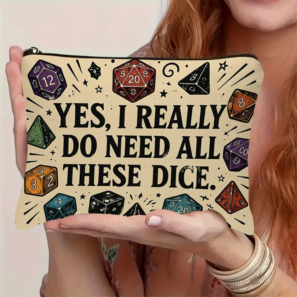 TEMU 1pc 1pcs Dice-themed Cosmetic Bag With "yes, I Really Do Need All Dice" Print, Zippered Durable Polyester Makeup Pouch Suitable For Travel,