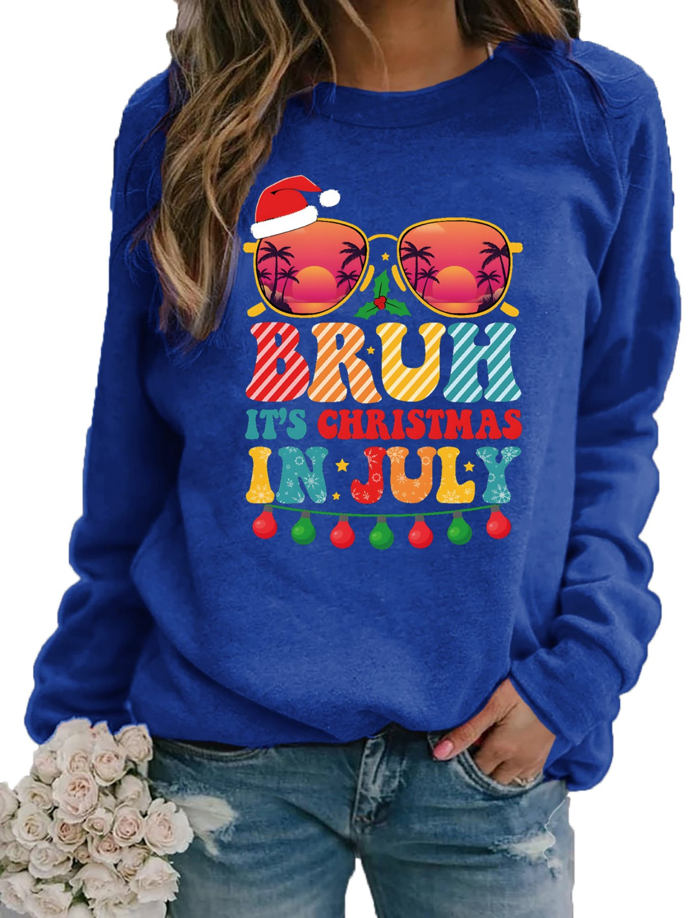 Sweat Shirt à Manches Longues Femme Imprimé Noël Col Rond