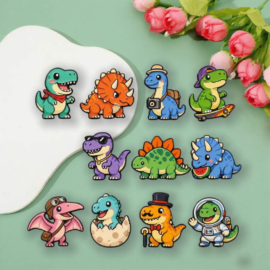 TEMU 2d Flat - (2d Flat) 11pcs Cartoon Style Dinosaur Acrylic Badge Set, Vibrant Dinosaur Pin Additions - Suitable For Clothing And Backpacks,