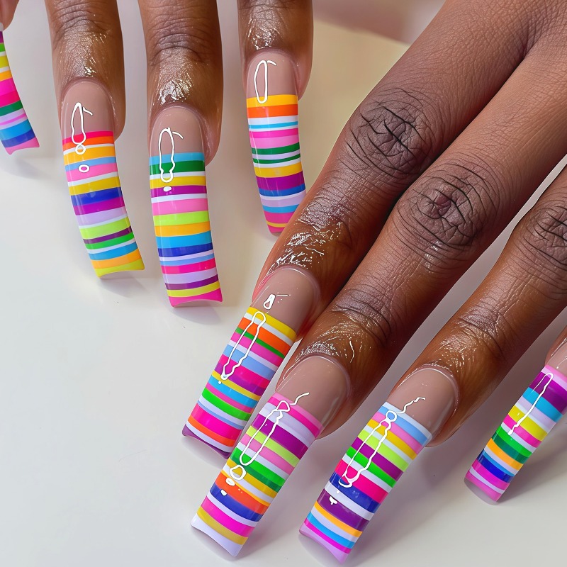 TEMU 40pcs Extra Long Coffin Rainbow Stripe Y2k Press-on Nails, Clear Nude Base With And Hand-drawn , Vibrant Style, Easy To Apply And Reusable,