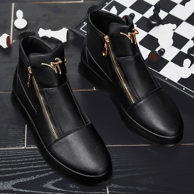 Chaonan British Style Joker High-Top Shoes - Double Zipper Closure, PU Upper & Slip-Resistant Rubber Sole, All-Season Urban Sneakers for Men & Women - Formal & Casual Events (Black), Versatile Footwear, Sleek Design, Durable Construction, Unisex Footwear, Fashion Enthusiasts