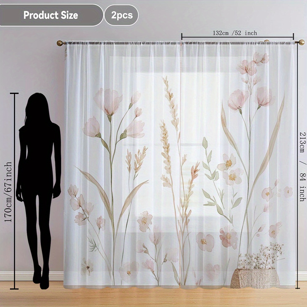 TEMU 2pcs Printed Home Decor Sheer Curtains, Flowy Window Curtains Suitable For Kitchen, Cafe, Dining Room, Balcony, Garden, Bedroom