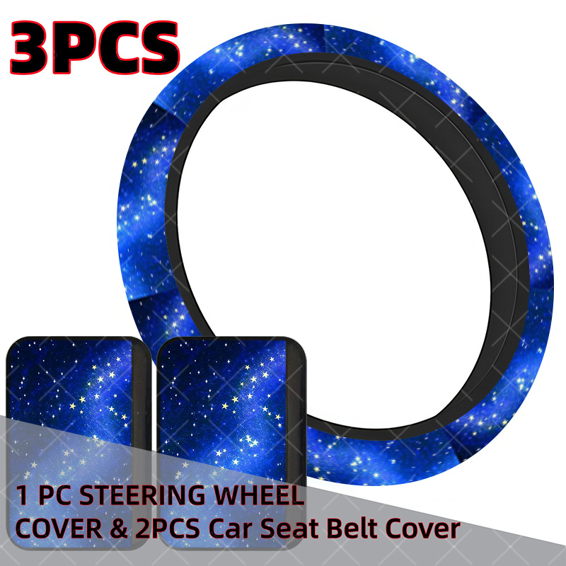 TEMU 3pcs/set Stars On Gradient Interior Set, Glowing Galaxy Theme Style, Includes 1pc Universal Car Steering Wheel Cover, 2pcs Shoulder Protector,