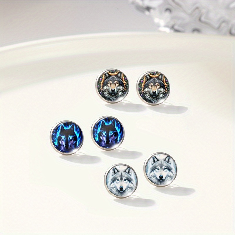 TEMU 3 Pairs Snow Wolf Head Pattern Round Glass Stainless Steel Stud Earrings Jewelry Gift