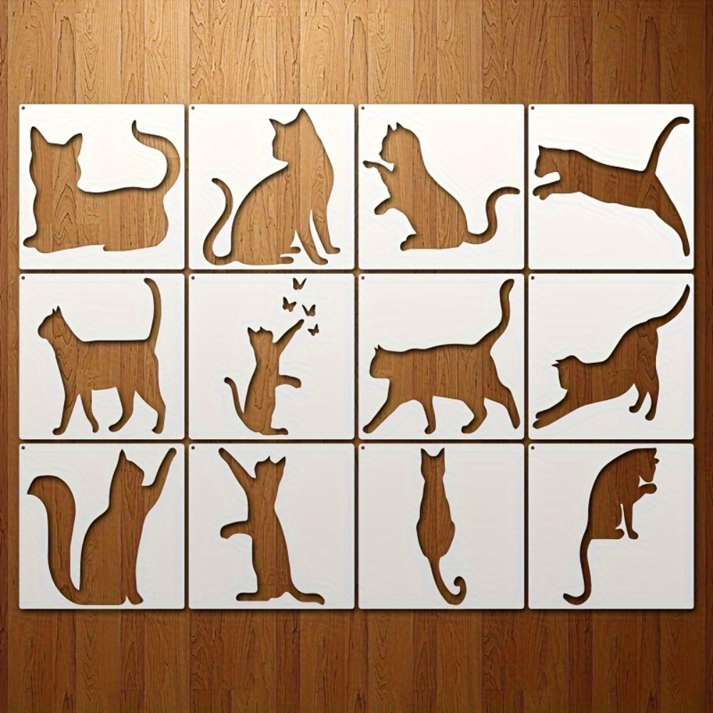 

12pcs Ensemble de Pochoirs de Silhouette de Chat Réutilisables - Modèles D'animaux Pour , Et Les de La Décoration Intérieure, 8,3x11 Pouces, Plastique En PET , Modèles de Création de Bricolage DIY