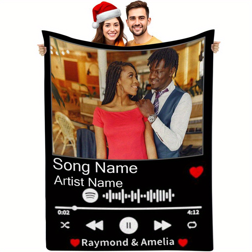 

Custom Blanket - Personalized Music Throw With Your Picture & Name, Perfect Gift For Couples, Soft Knit Fabric, Ideal For Bed, Sofa, Camping