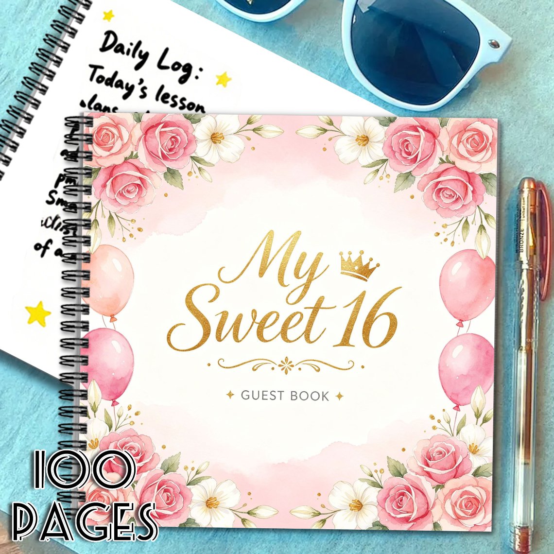 TEMU 1pc 16 Guest Book Message Book, Pink Watercolor Rose Decorated Square Signature Book, Ideal Gift For Friend Suitable For 16th Birthday