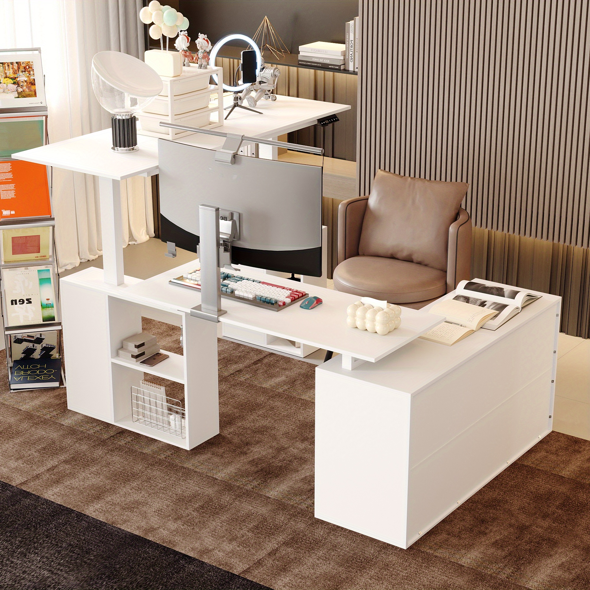 electric height adjustable standing computer desk with open storage shelves adjustable height office desk with with drawer administrative     white Product details 4