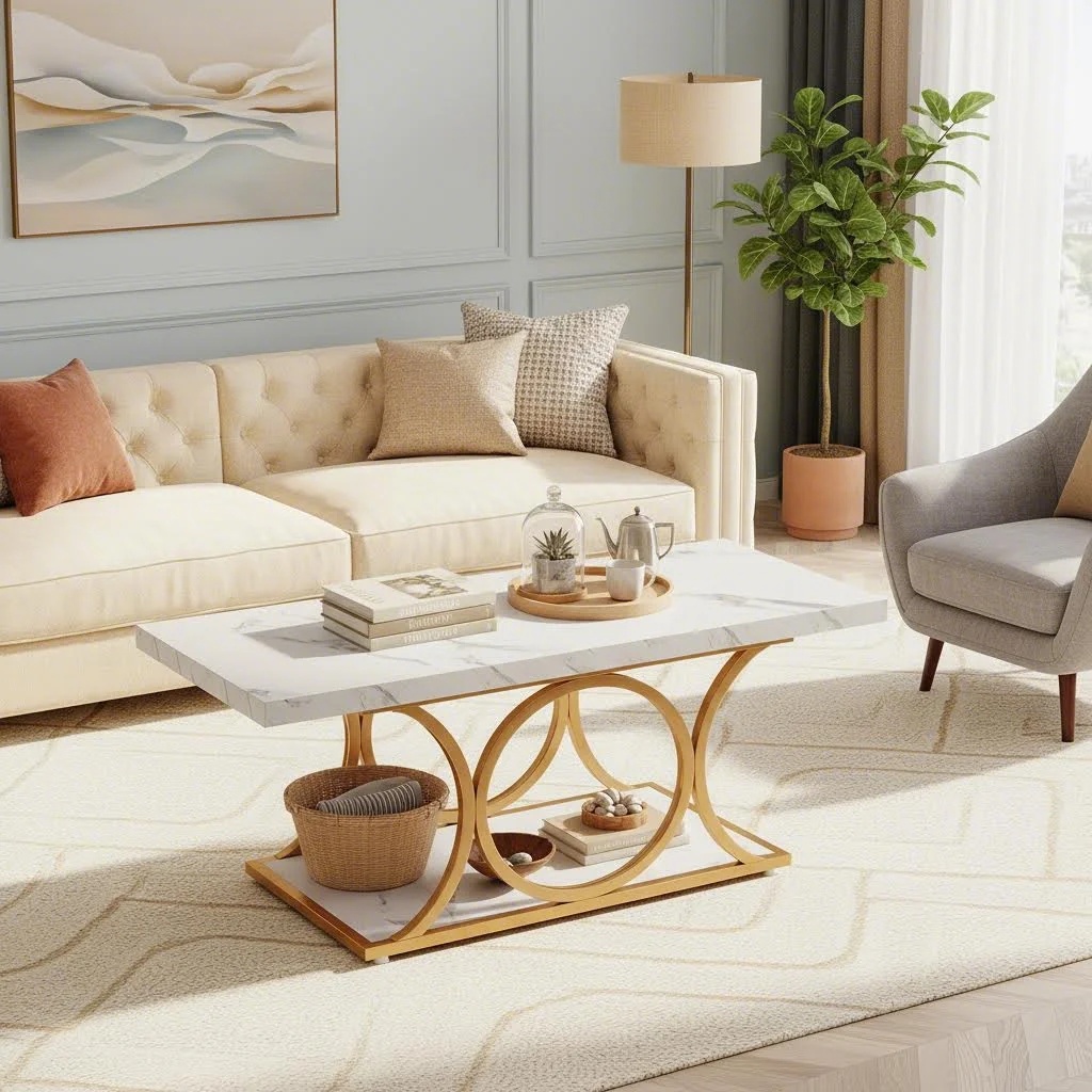 Rectangle Coffee Table, Modern Coffee Tables For Living Room, 2-tier Marble Wood Coffee Table With Geometric Metal Legs, Home Furniture With Storage Shelf (golden)