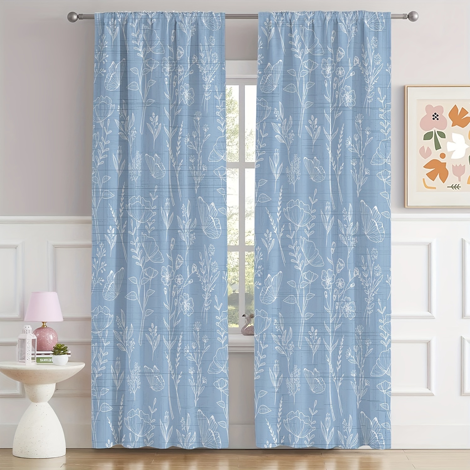 TEMU 2d Flat, 2pcs Bohemian Blue Floral Curtains Suitable For Living Room & Bedroom - Semi-sheer Window Panels With Tassel Trim, Rod Pocket, Machine