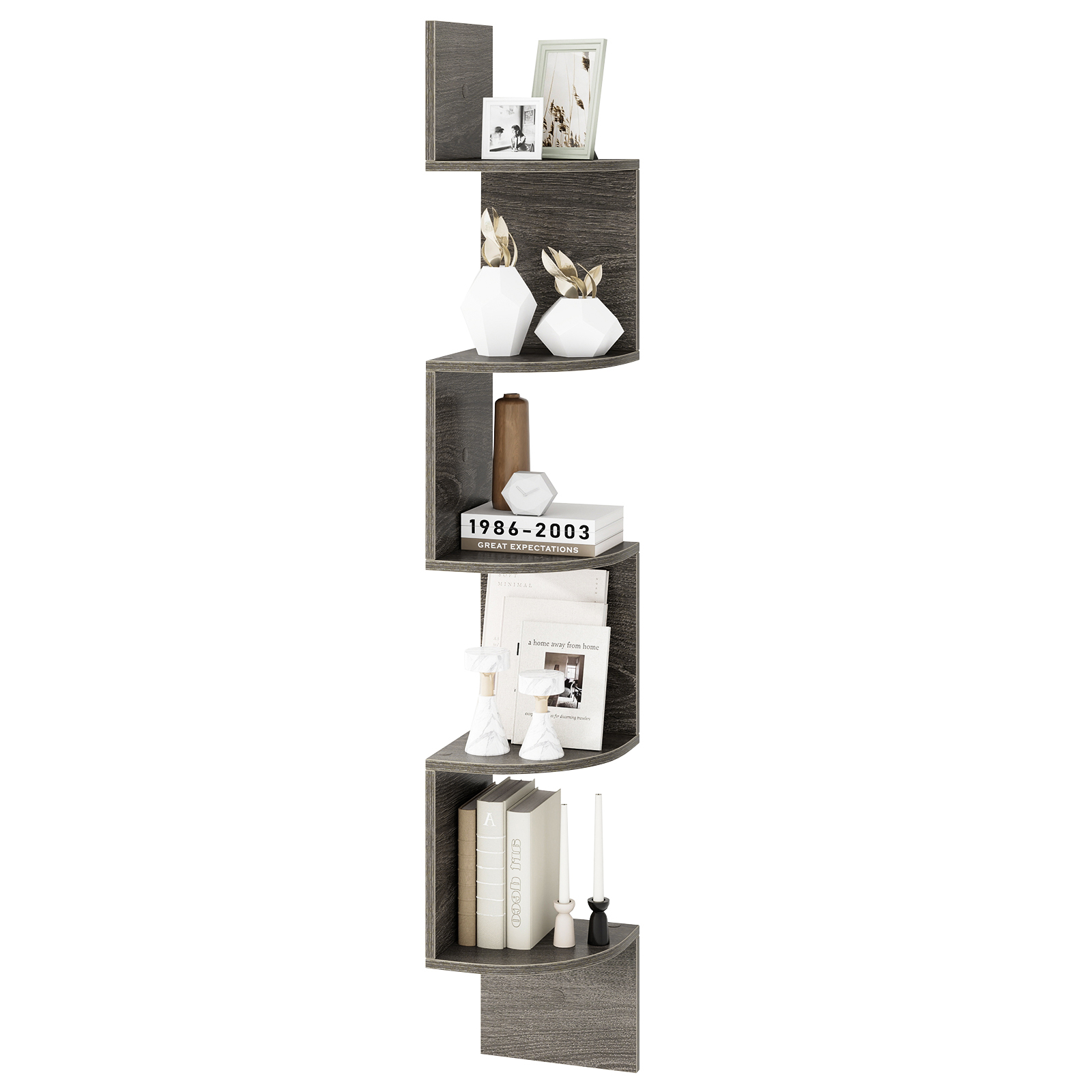 5-tier Corner Floating Shelf Units, Wall-mounted Wooden Storage Organizer Rack, 20 X 20 X 126cm, Gray, Standing Shelf