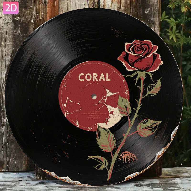 TEMU 2d Flat - 1pc Wooden Vinyl Record Wall Decor, Black With Red Roses And Green Leaves, 2d Flat Wooden Sign, Suitable For Home, Bar, Cafe, Room
