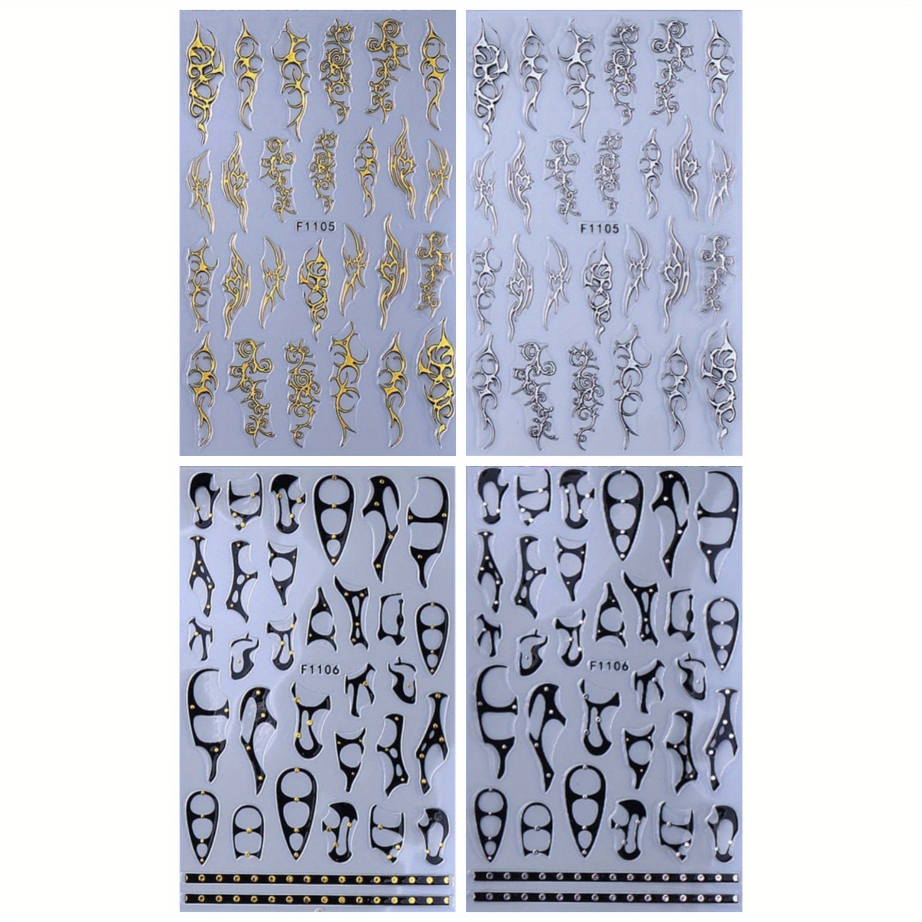 4 Sheets Gothic Nail Stickers For Nail Art Black Punk Belt Nail Decals 3d Self-adhesive Golden Silvery Line Nail Art Stickers Retro Punk Style Thorns Flame Lines Nail Design Decals For Women