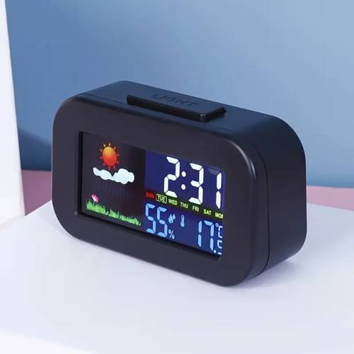 wettervorhersage-uhr mit farbiger led-hintergrundbeleuchtung, mit -temperatur- luftfeuchtigkeitsüberwachung, weckfunktion komfortindex. muss für schlafzimmer, wohnheime schreibtische