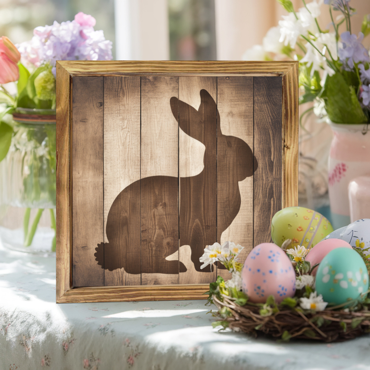 TEMU 1pc Rustic Bunny Silhouette Wooden Wall Art, 8x8 Inch Farmhouse Decor With Frame For Home, Kitchen, Bedroom, Bathroom & Office - Ideal