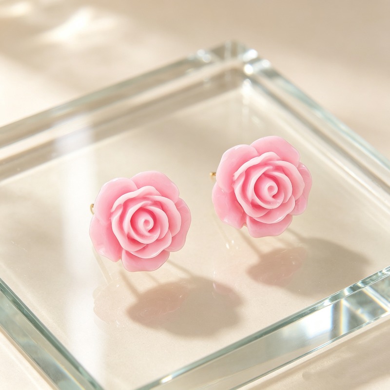 TEMU 2pcs Easy Suitable For Gifting Sweet Cute Rose Flower Daily Vacation All-match Resin Flower Women's Stud Earrings Suitable For Daily Vacation