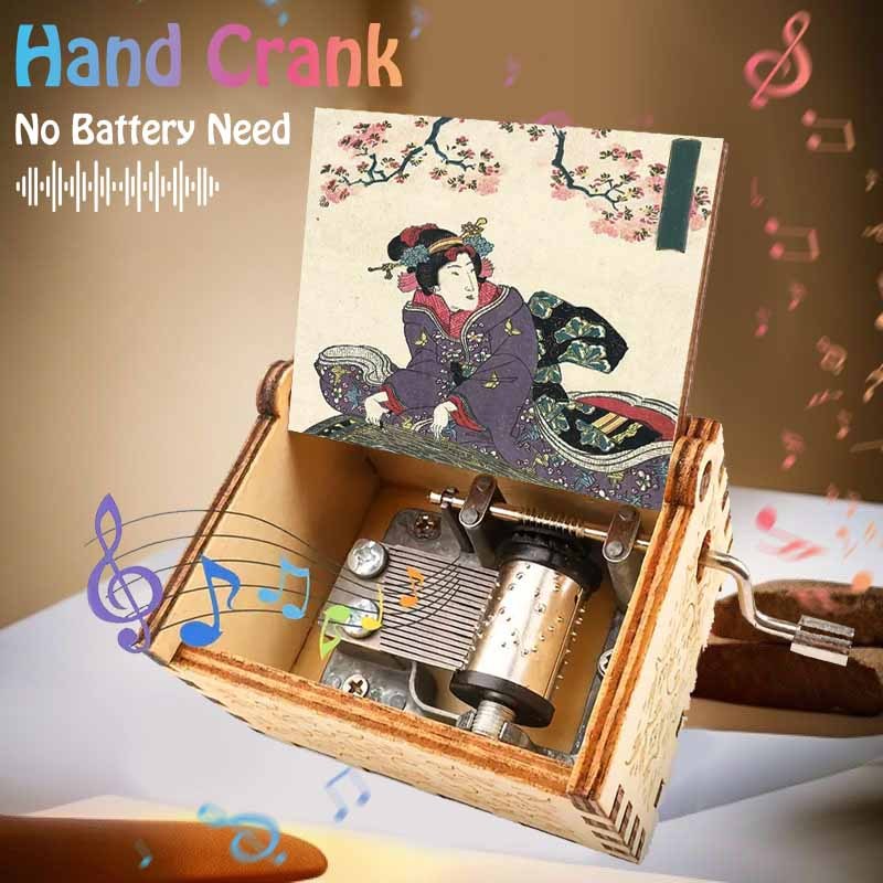 TEMU 1 Japanese-style Cherry Wooden Hand-cranked Music Box With A Kimono Beauty Painted Lid, A Home Desktop Ornament, Suitable As A Birthday Gift For