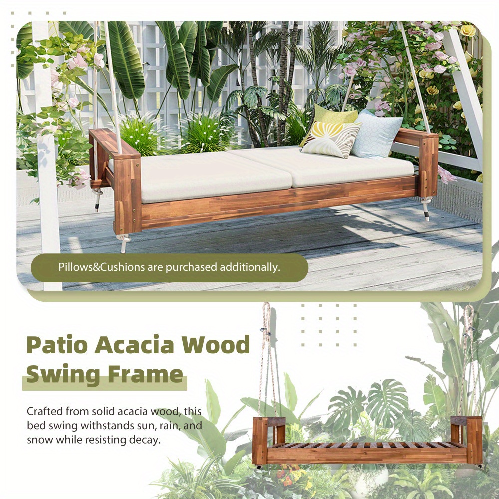 Garden seating. Swing chair. Double-sized porch swing bed seating set with hemp rope swing frame, suitable for gardens and backyards. Minimalist rustic style, ideal for courtyards and gardens. Mattress sold separately.