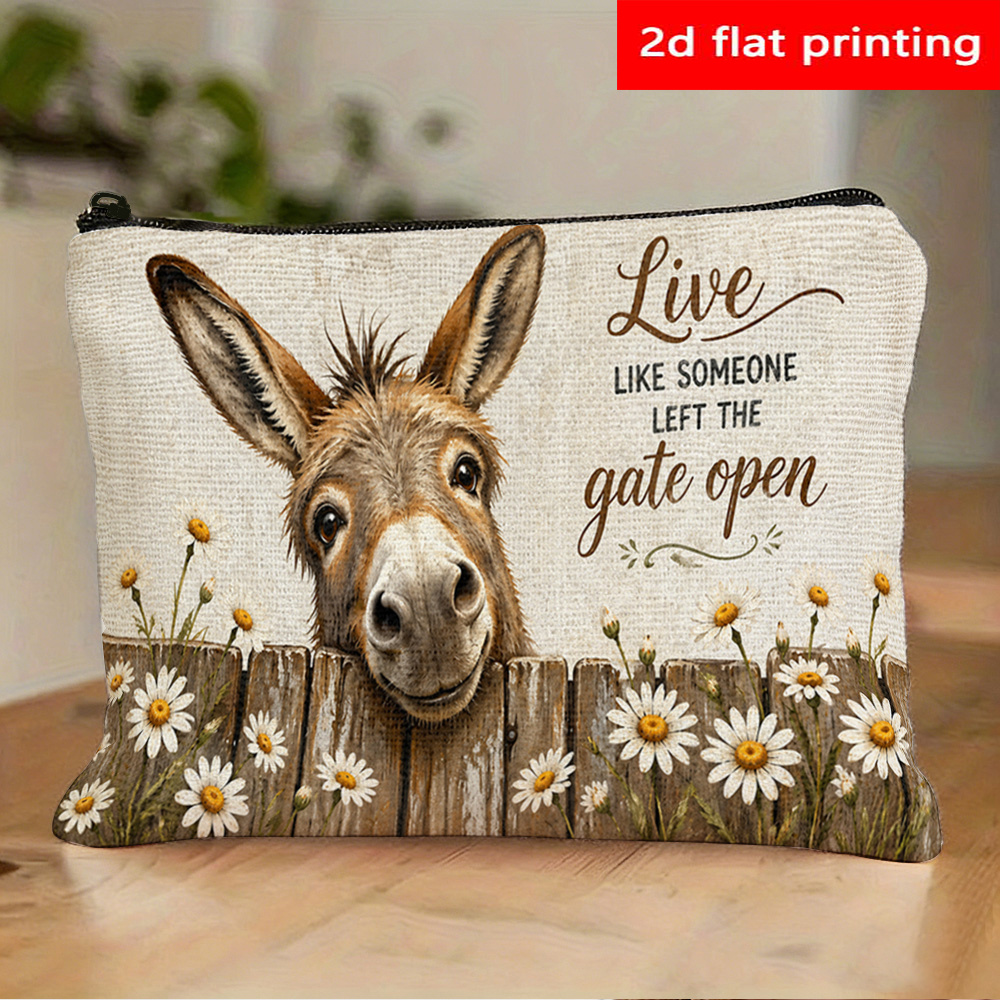 TEMU 2d Flat Printing Donkey Through Fence Cute Double Sided Print Toiletry Bag Unisex With Zipper Lightweight Durable For Travel Toiletry Stationery