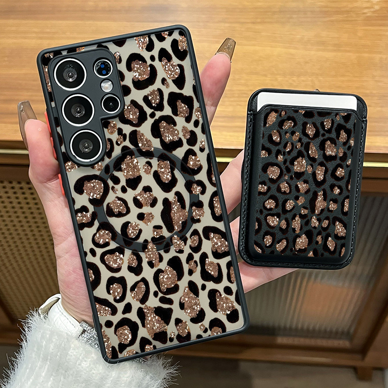 TEMU Phone Case - 2-in-1 Combo:stylish Leopard Print , Matte Black Magnetic Phone Case   Magnetic Card Holder Wallet For Galaxy S26 S25 S24 S23 S22