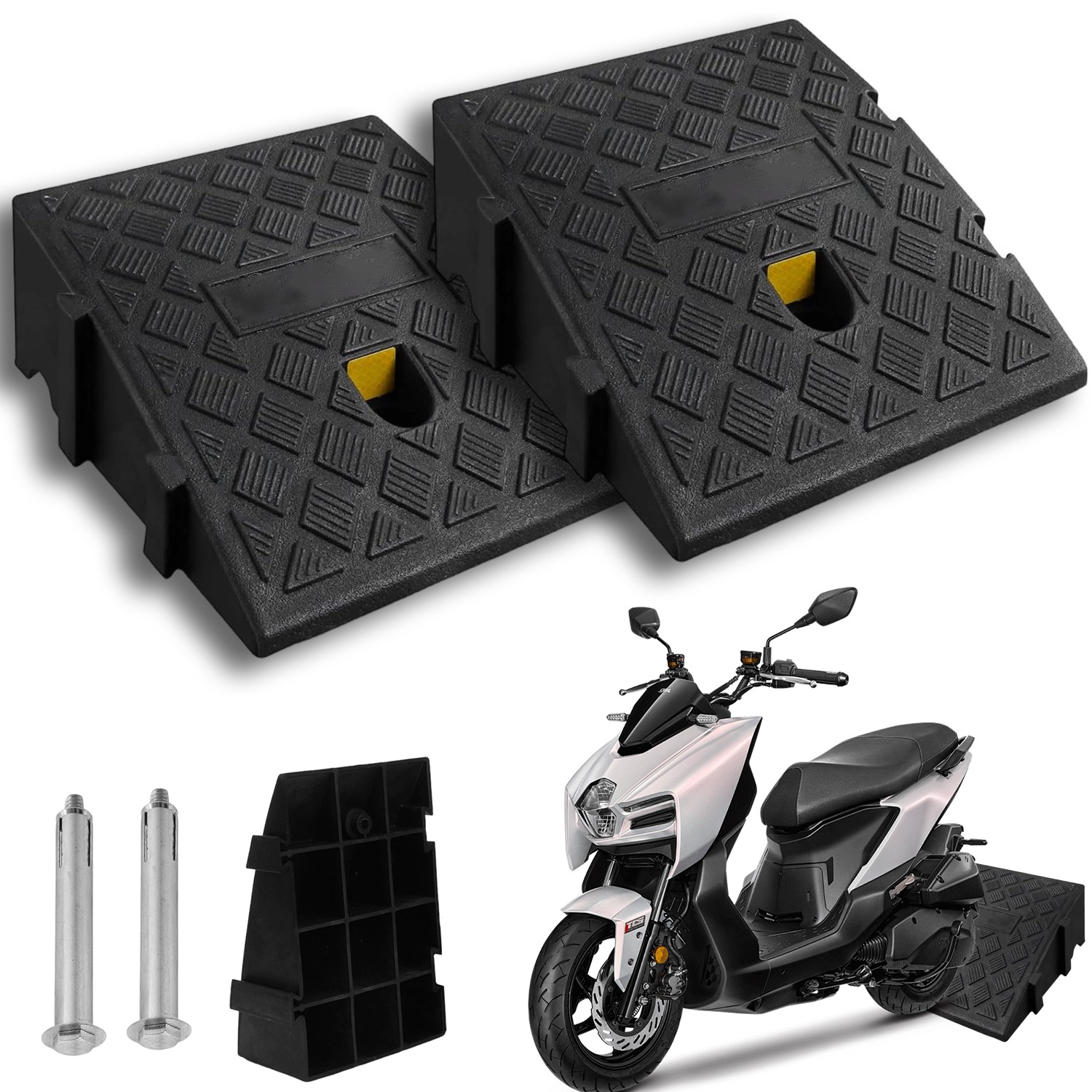 Image of Portable Curb Ramps Set Of 2 - Flexible Plastic Threshold Ramps For Wheelchair Car Bicycle Scooter Motorcycle With Reflective Safety Stripes