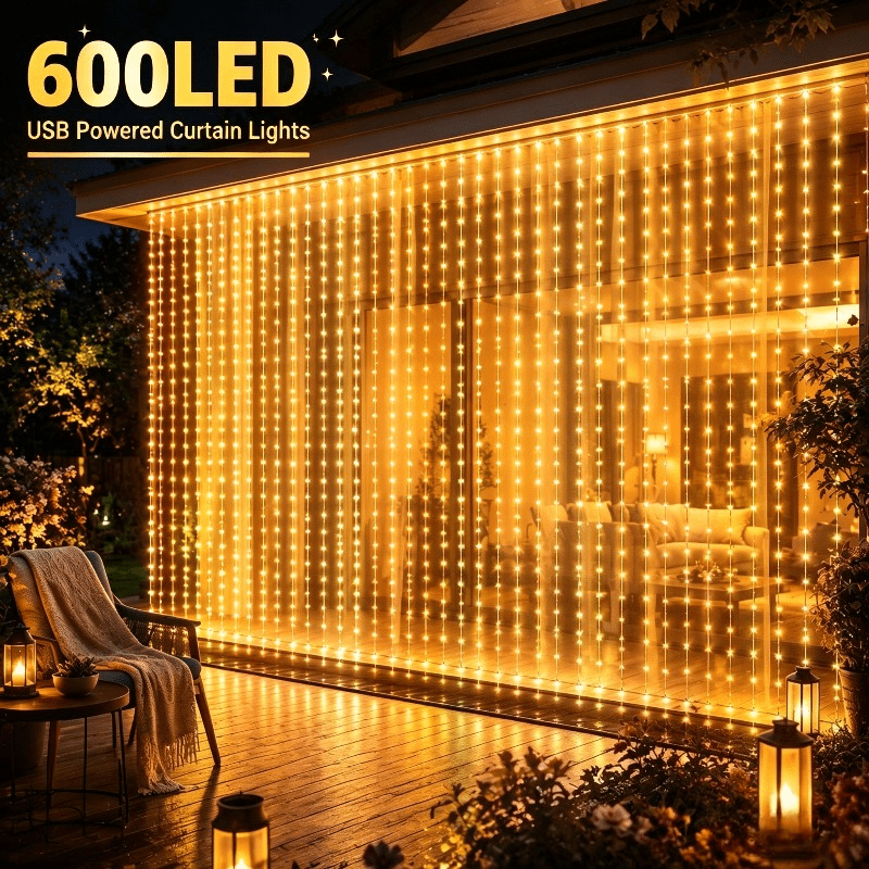 TEMU Guirlande lumineuse de 1 - 600 LED/ 6x3 mètres, guirlande lumineuse rideau USB à 8 fonctions, guirlande lumineuse colorée blanc chaud, guirlande