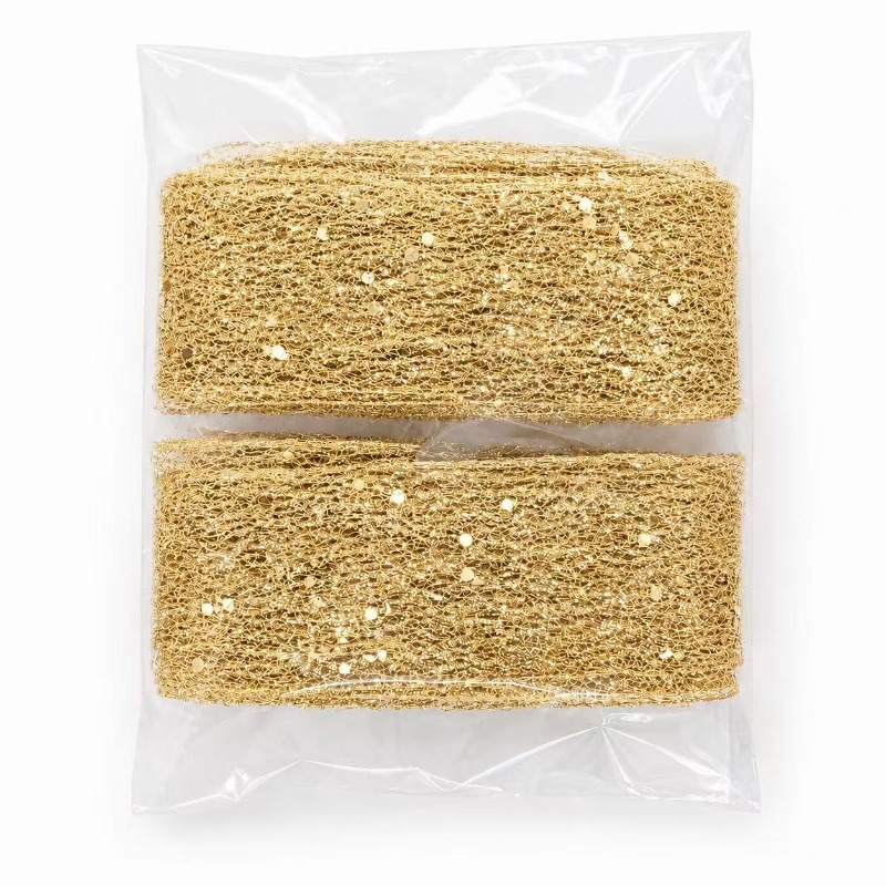 TEMU 2 Rolls Of Golden Glitter Mesh Ribbon With Wire Edges, Width 5cm, Each Roll Is 2m Long (total Length 4m), Featuring Shimmering Decorations, Gift