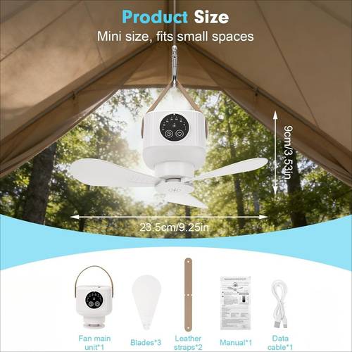tragbarer camping-ventilator mit fernbedienung und timer, 360 grad verstellbarer ventilatorkopf, 4 windgeschwindigkeiten und led-licht, für zuhause, küche, zelt, camping, wohnmobil, reisen, grillen, angeln und mehr