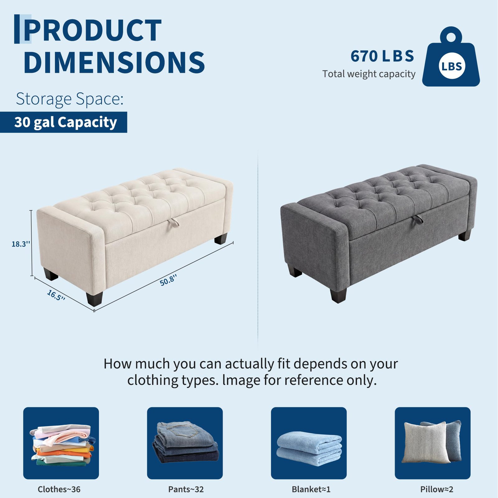 Image of 50. 8in Storage Ottoman Bench With Safety Slow-close Hinge, Tufted Upholstered Bench For Bedroom Entryway Living Room, Ottoman With Storage, 670 Lbs Weight Capacity 30 Gallons